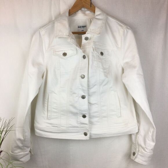 Old Navy White Cotton Denim Trucker Long Sleeve Jean Jacket L - Picture 4 of 11